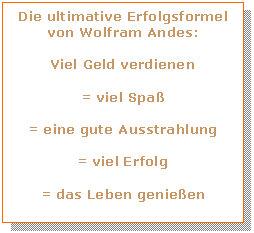 Textfeld: Die ultimative Erfolgsformel  von Wolfram Andes:    Viel Geld verdienen    = viel Spaß    = eine gute Ausstrahlung    = viel Erfolg    = das Leben genießen      